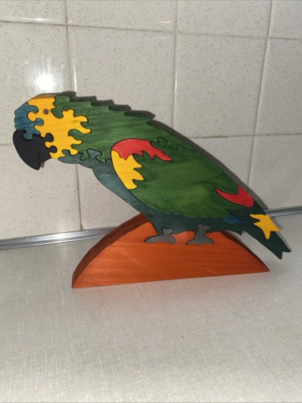 Vintage Signed Russell Greenslade Parrot Bird Wood Puzzle Sculpture